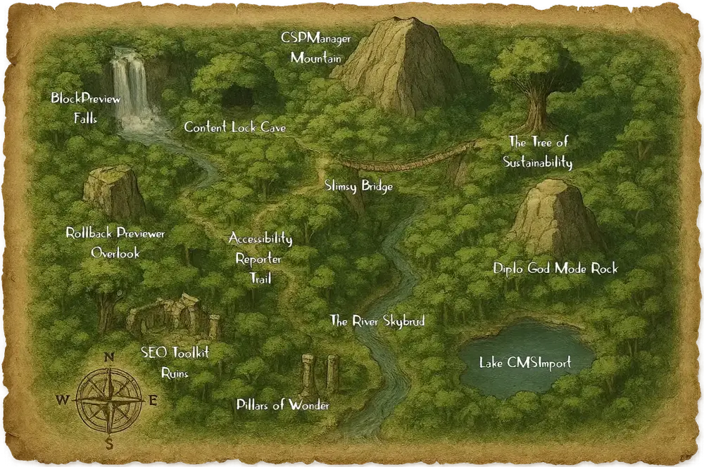 Image of a map of a fictional jungle called the Umbazon with various points of interest