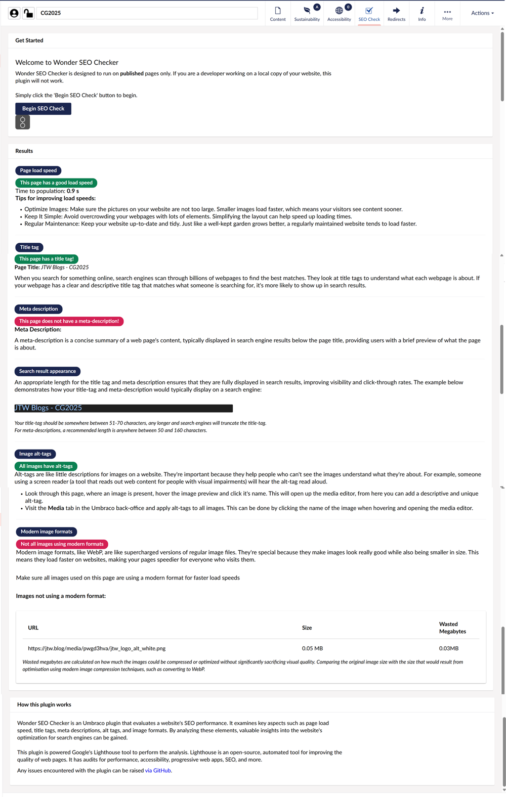Screenshot of SEO Check results page